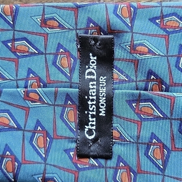 Christian Dior Monsieur Vintage All Silk Blue Gray Geometrical Abstract Necktie - Picture 6 of 10